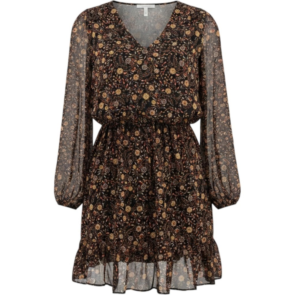 Evereve Floral Mini Dress Womens Small Black Orange Long Sleeve V-Neck